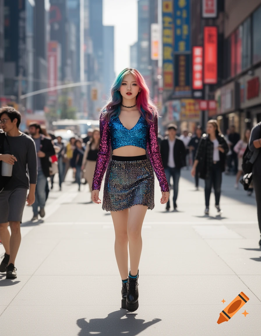A young woman with multi-colored hair wearing a sparkly blue crop top and skirt walks down a busy city street.