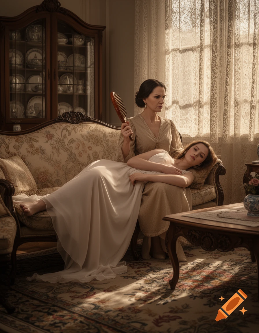 A stern woman holding a hairbrush sits on an ornate sofa with a young woman lying on her lap in a vintage room.