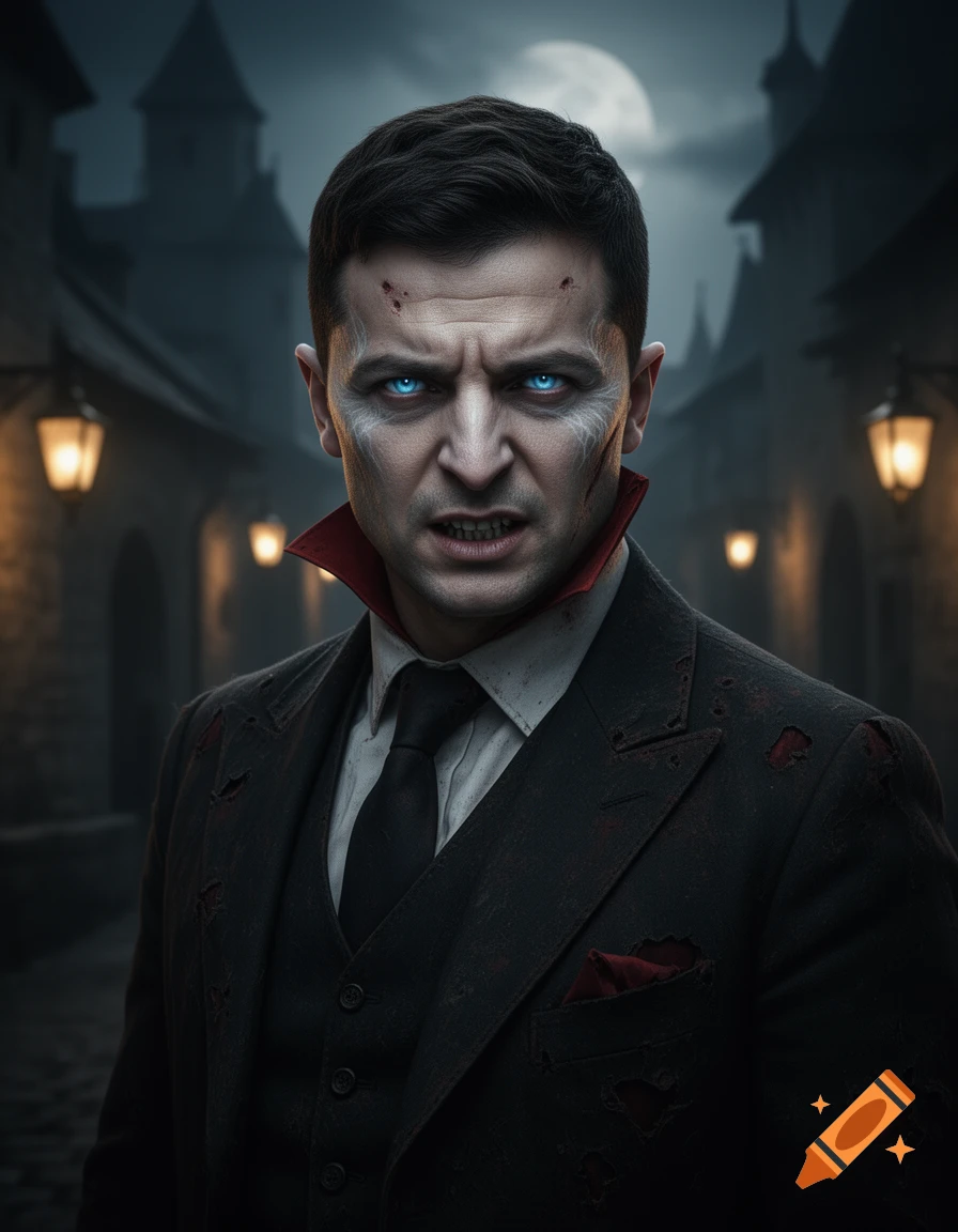 Photorealistic portrait of an angry vampire with glowing blue eyes, fangs, and blood on his face and tattered suit in a dark, moonlit street.