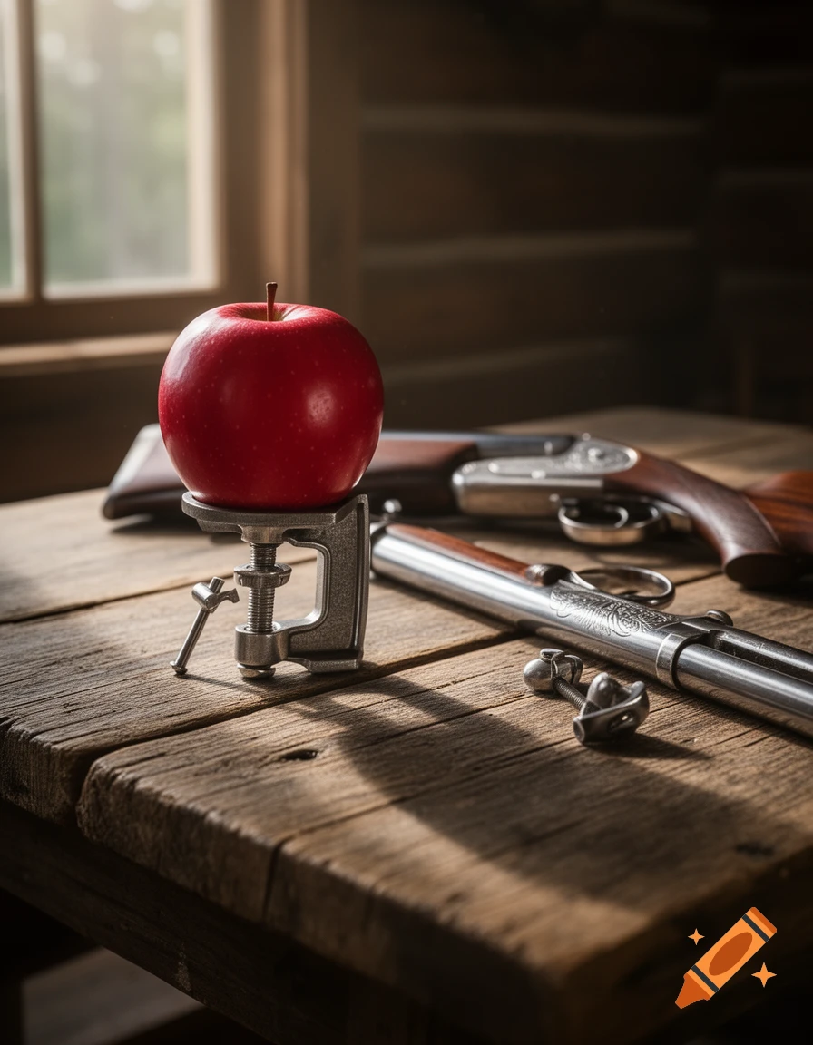 A vibrant red apple held by a metal clamp on a rustic wooden table, with a double-barreled shotgun lying in the background near a sunlit window.