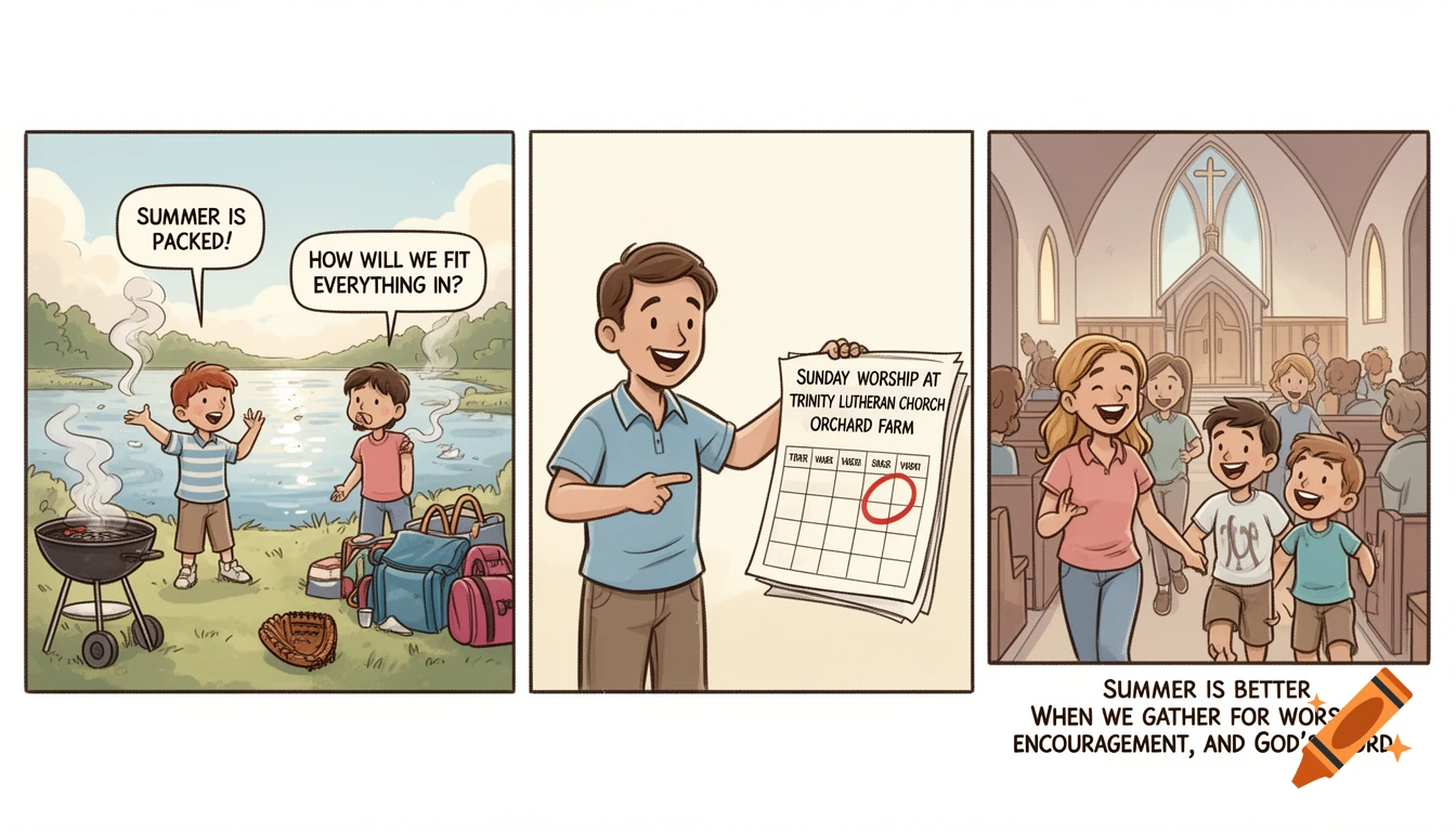 A three-panel comic: two boys by a lake and grill, a father pointing to a church bulletin, and a family smiling at church.