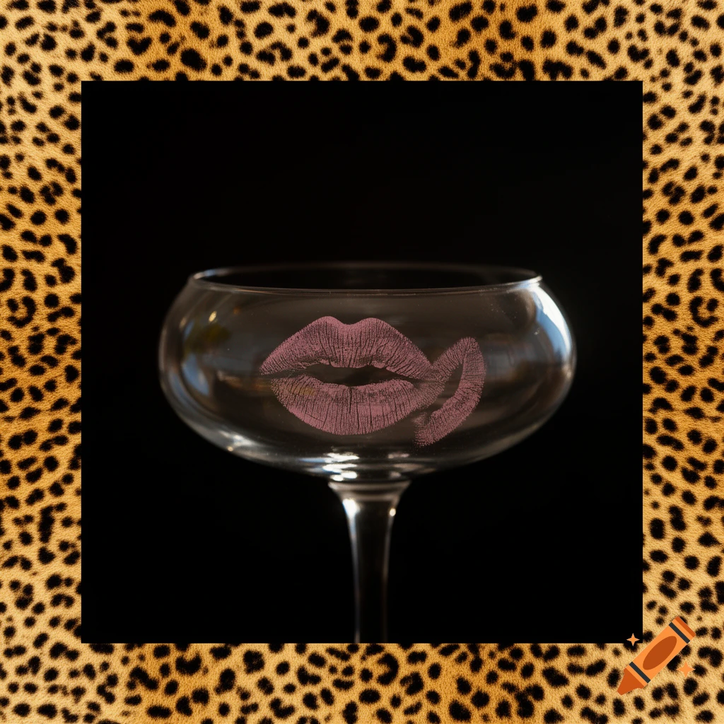 A glass with a pink lipstick kiss print against a dark background, framed by a cheetah print border.