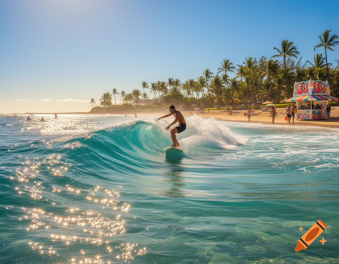 A photorealistic image of a surfer riding a turquoise wave at a sunny tropical beach with palm trees and an ice cream stand.