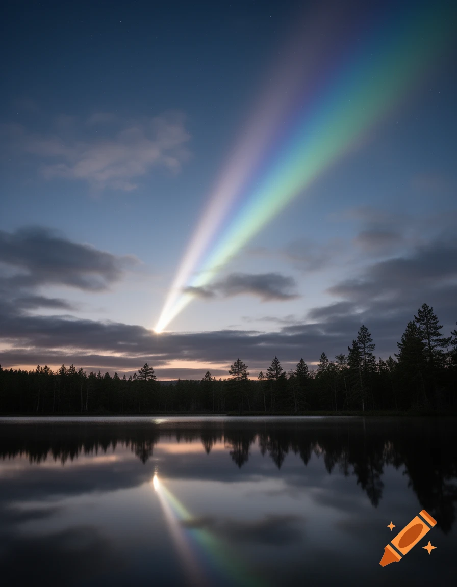 Vibrant rainbow-like light beam reflecting on a still lake surrounded by a dark forest under a starry night sky.
