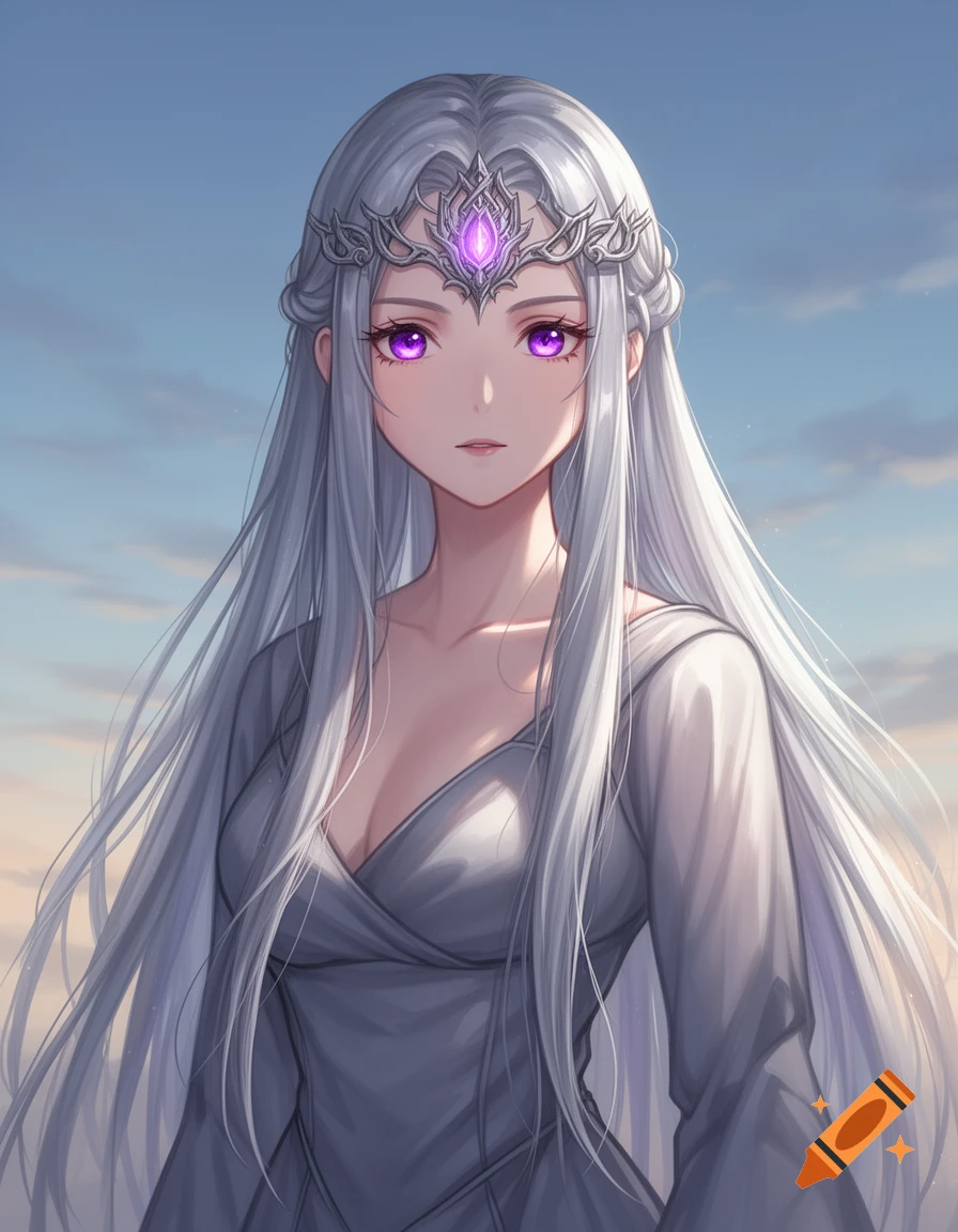 An anime-style portrait of a woman with long silver hair, violet eyes, and a silver crest on her forehead, against a blue sky.