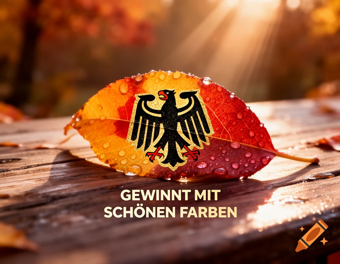 Dewy autumn leaf with German eagle emblem on a wooden surface, bathed in warm light. Text reads 'GEWINNT MIT SCHÖNEN FARBEN'.