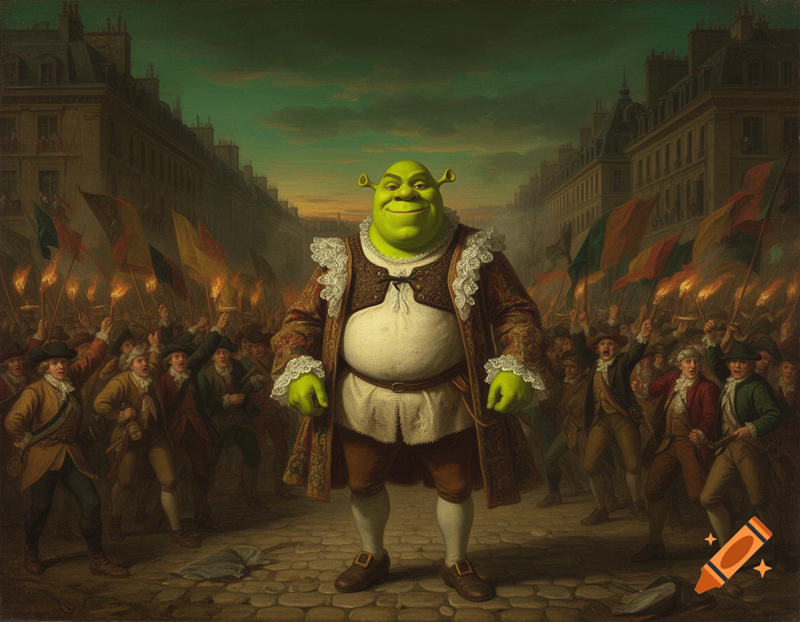 Shrek in Renaissance attire leads a historical revolution in 1700s Paris, depicted as an oil painting.