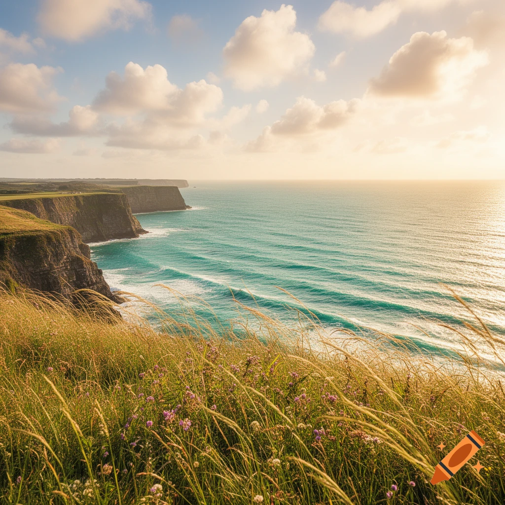 A high-angle view of rugged cliffs covered in green and golden grass meeting a turquoise ocean with white waves under a cloudy sky.