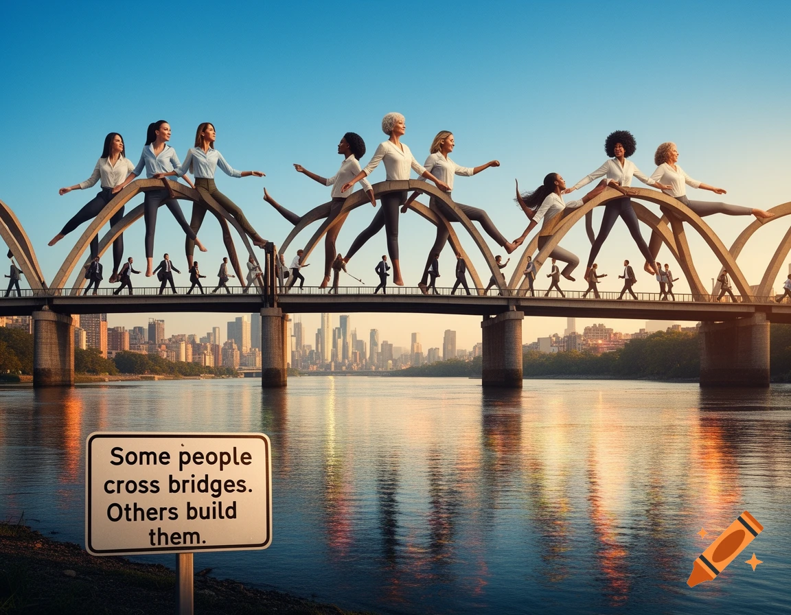 Surreal bridge made of women's bodies over a city river, with people walking on it. A sign reads 'Some people cross bridges. Others build them.'