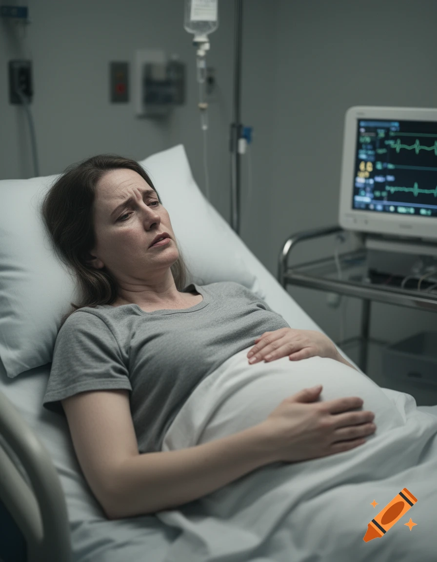 A distressed pregnant woman lies in a hospital bed with an IV drip and monitor, looking up. Photorealistic.