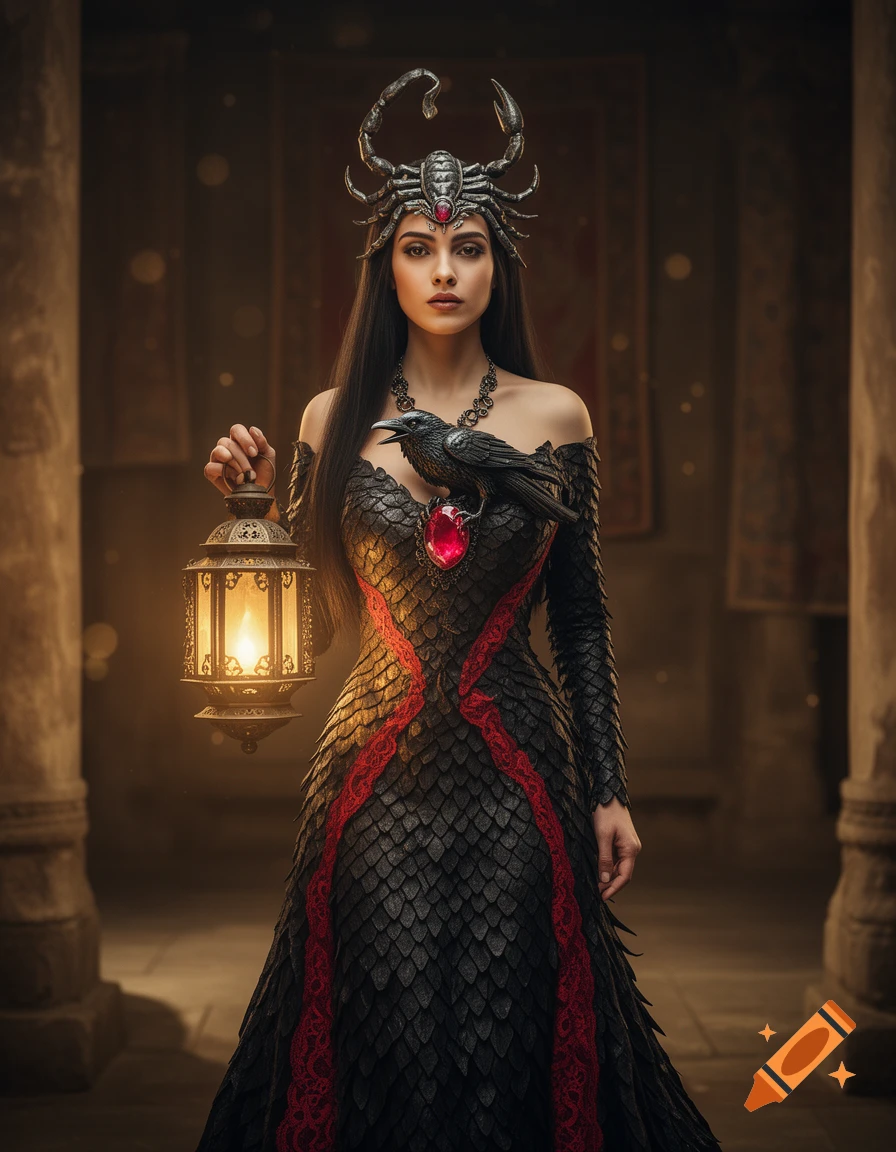 A photorealistic portrait of a woman in a black dragon scale dress, scorpion headdress, and crow necklace, holding a lantern in a dark setting.