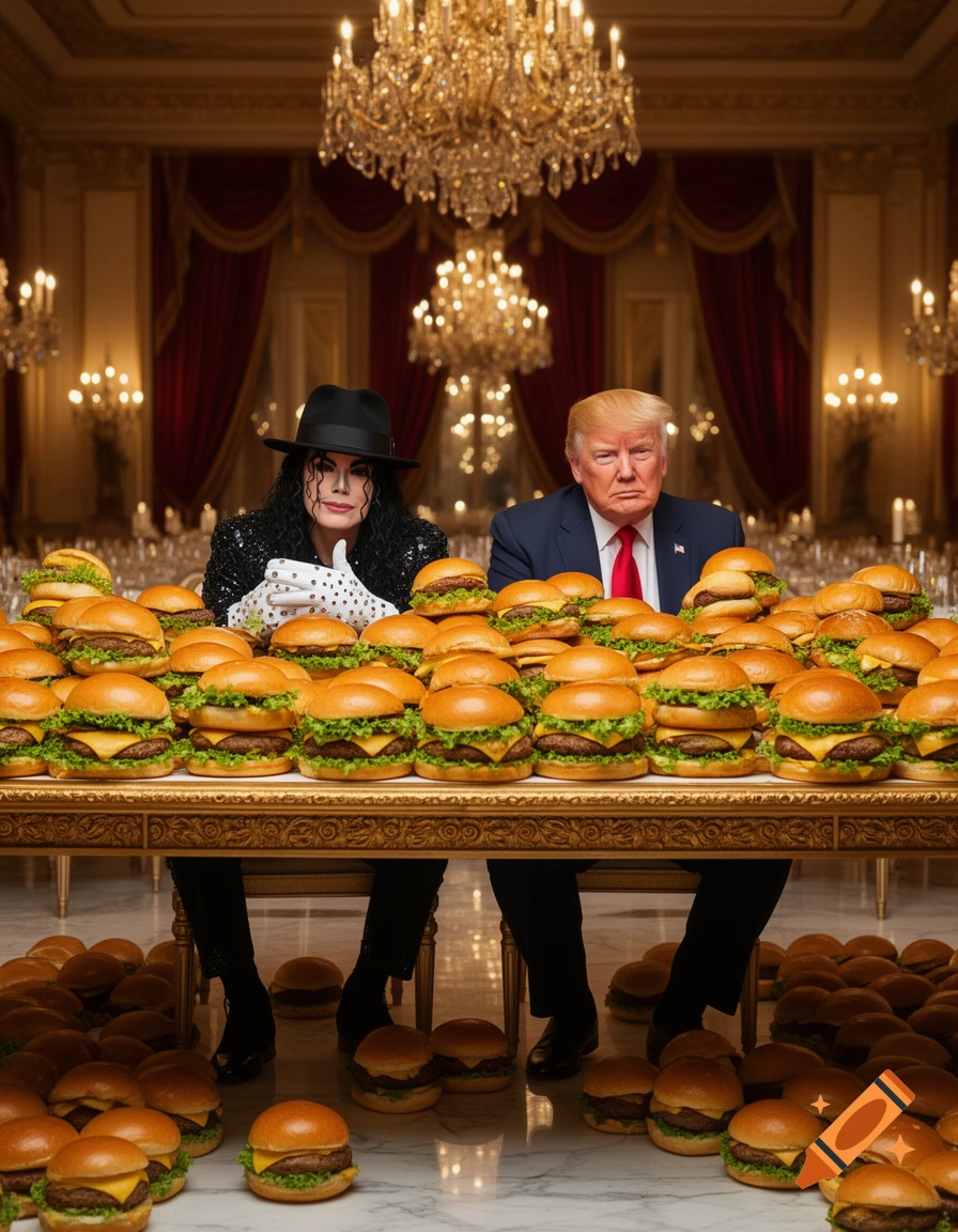 Photorealistic image of Michael Jackson and Donald Trump sitting at a grand table overflowing with hundreds of hamburgers, with more burgers scattered on the floor of a lavish room.