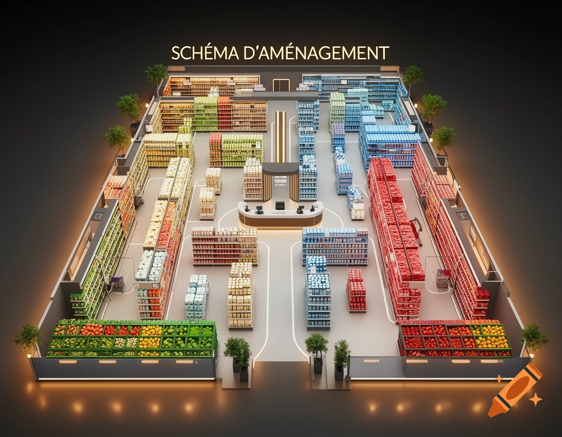 An isometric overhead view of a neatly organized supermarket layout, showcasing various product aisles, fresh produce sections, and a checkout area, on a dark background.