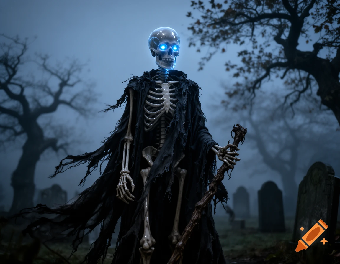 A glowing-eyed skeleton in a tattered black robe holds a staff in a misty graveyard with bare trees and tombstones.