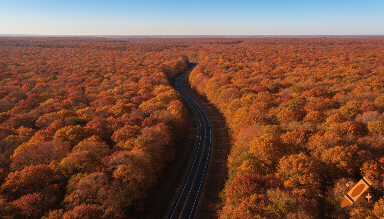 Aerial view of a winding road through a vast autumn forest with vibrant orange and red foliage under a clear blue sky.