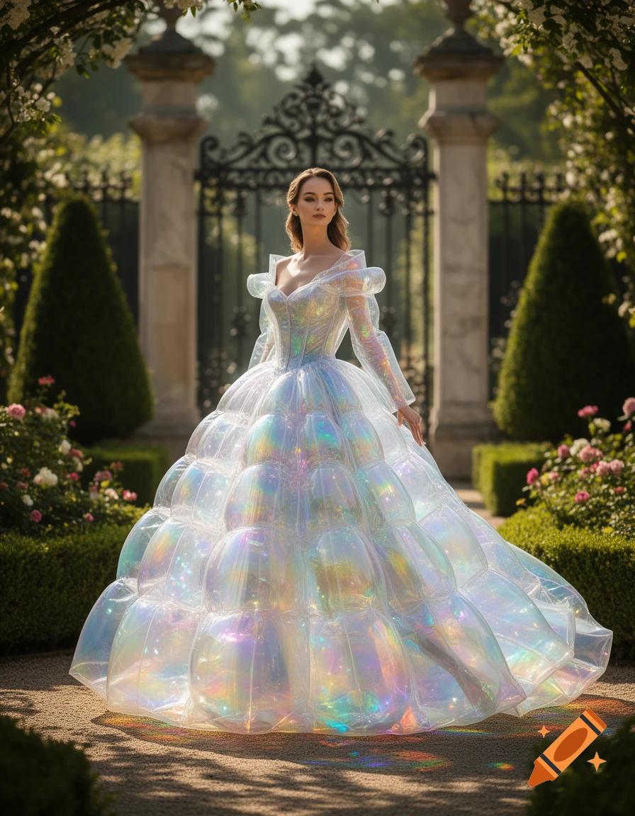 A woman in a voluminous, iridescent inflatable gown stands in a lush garden with an ornate gate in the background.