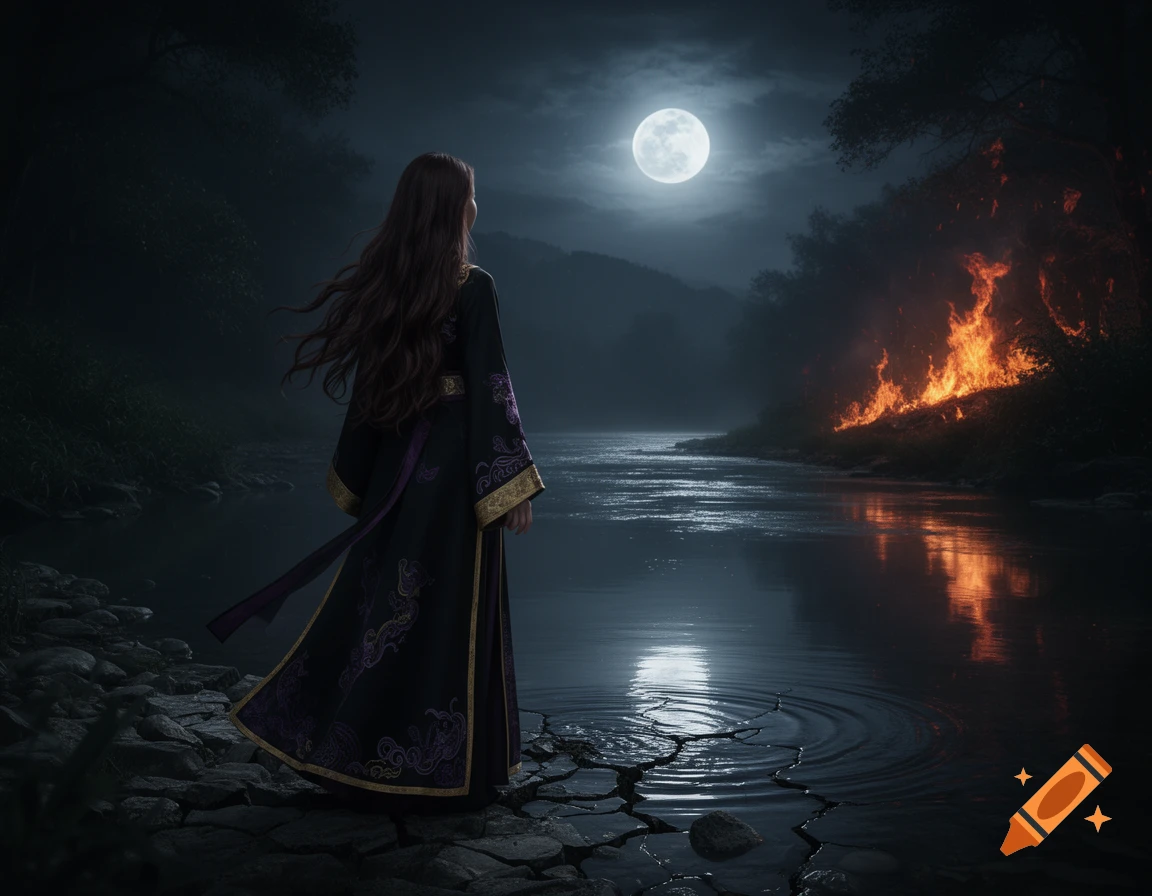 A lone figure in a black ancient robe with gold and purple trim stands by a river at night under a full moon, with a forest fire burning on the opposite bank and cracked ground.