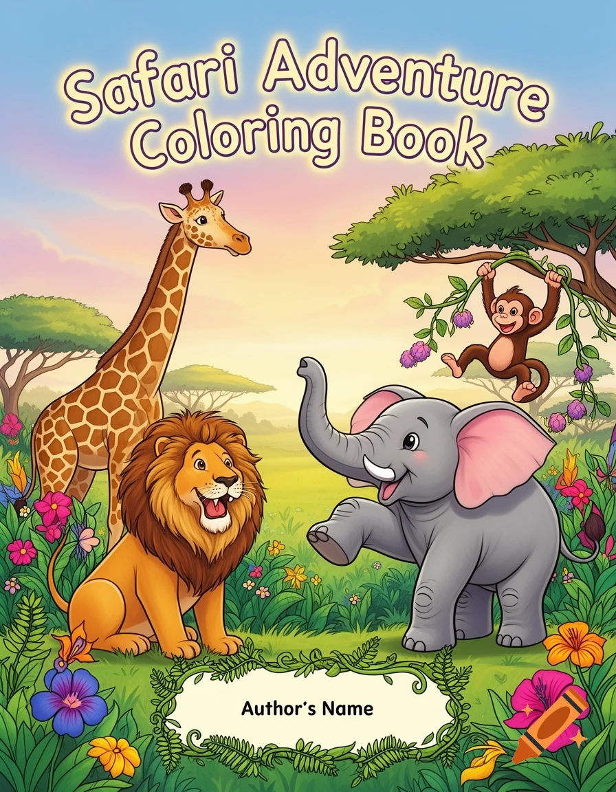 Colorful children's safari coloring book cover with a lion, giraffe, elephant, and monkey in a vibrant jungle scene.