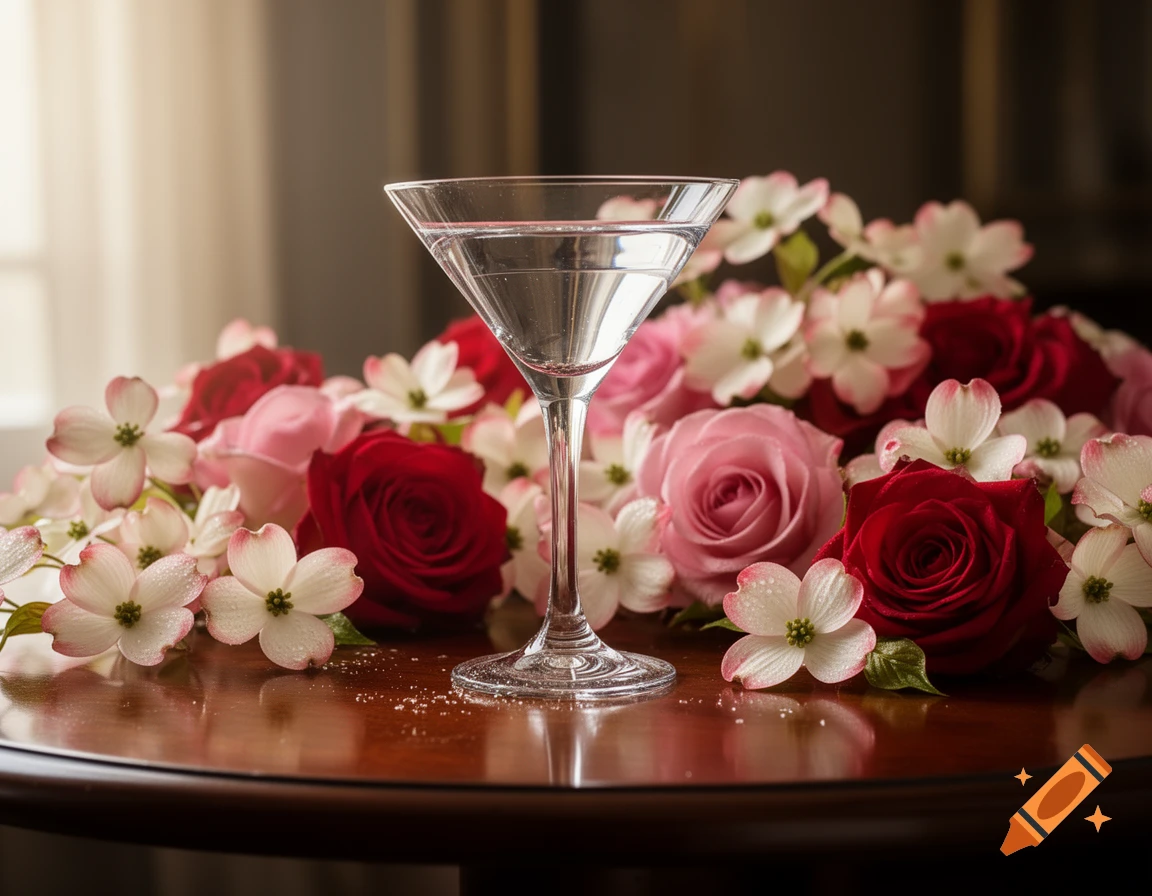 Photorealistic image of a martini glass with clear liquid, surrounded by red and pink roses and white dogwood flowers on a wooden table.