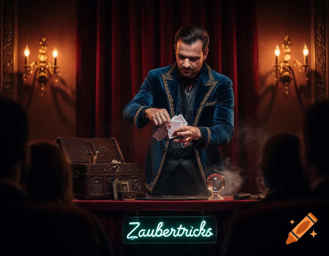 A male magician in a blue velvet jacket performs card tricks on stage, illuminated by warm sconce lights, with a neon sign that reads 'Zaubertricks' in front.