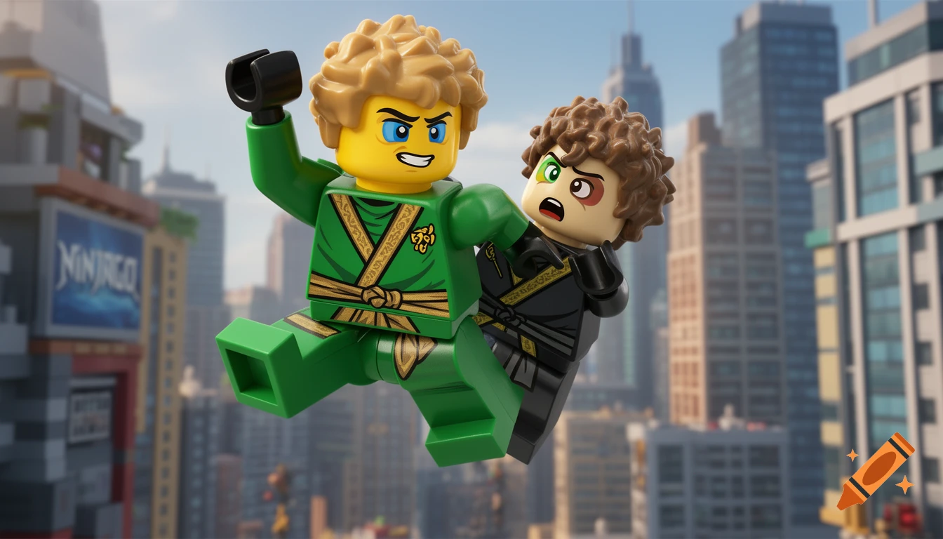 Lloyd Garmadon, in a green ninja suit, rescues another LEGO minifigure with curly hair in an animated Ninjago city scene.