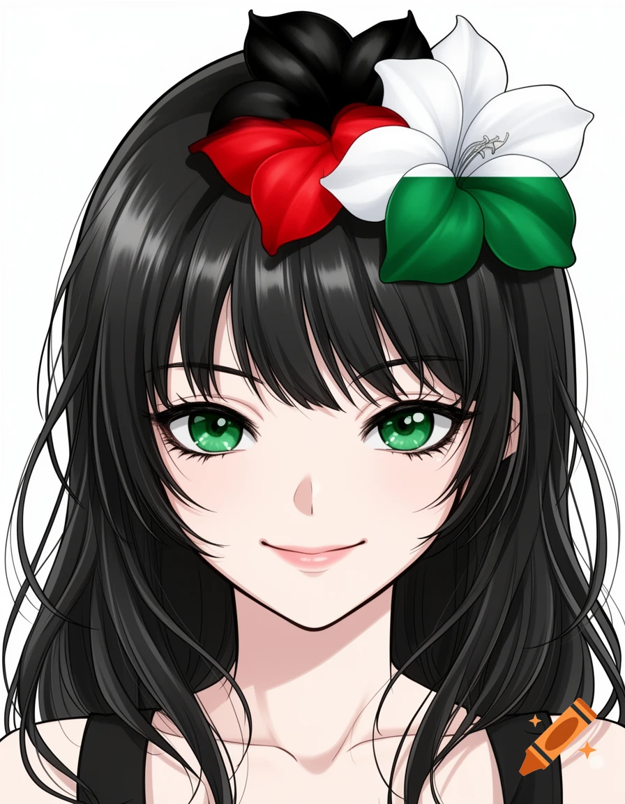Anime portrait of a girl with green eyes and black hair, wearing a flower with black, red, white, and green petals.