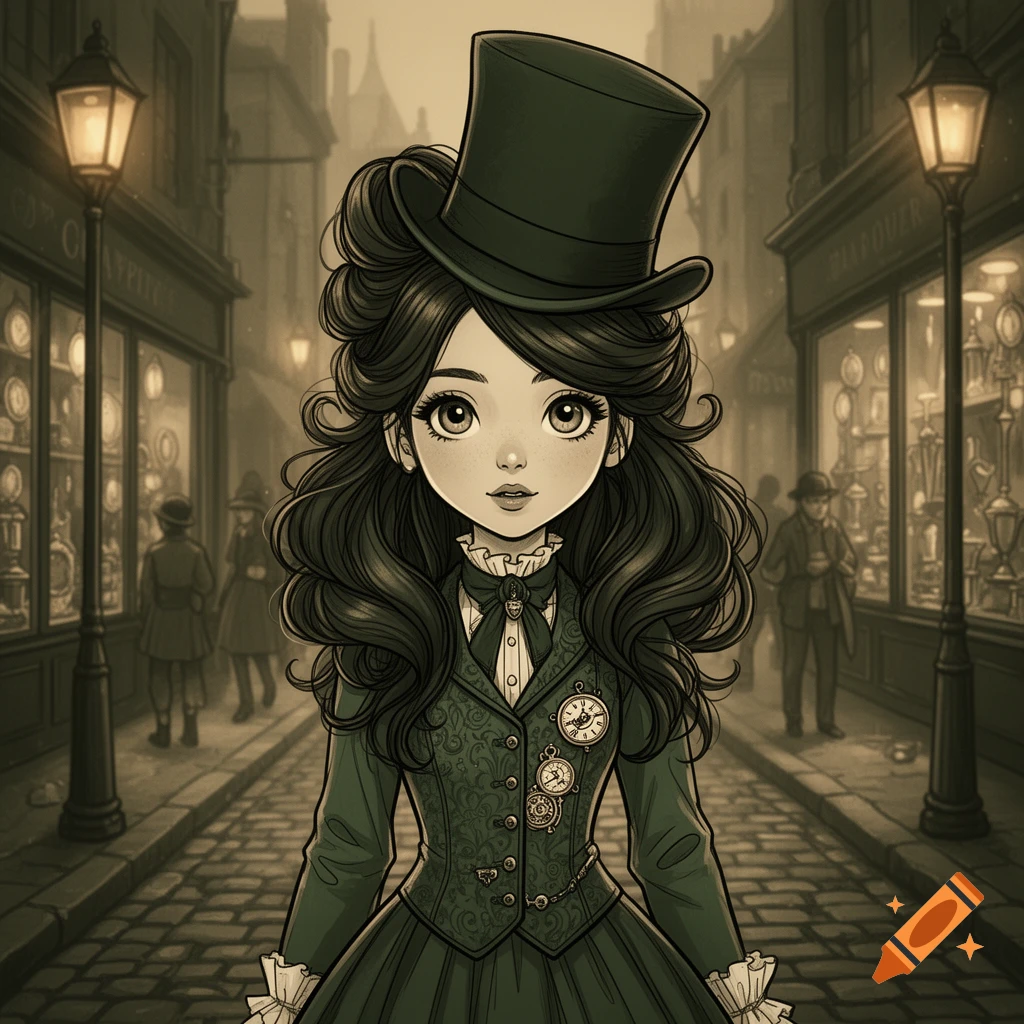 A stylized anime-like girl in a dark green Victorian/steampunk outfit and a top hat stands on a cobblestone street lined with shops at dusk.