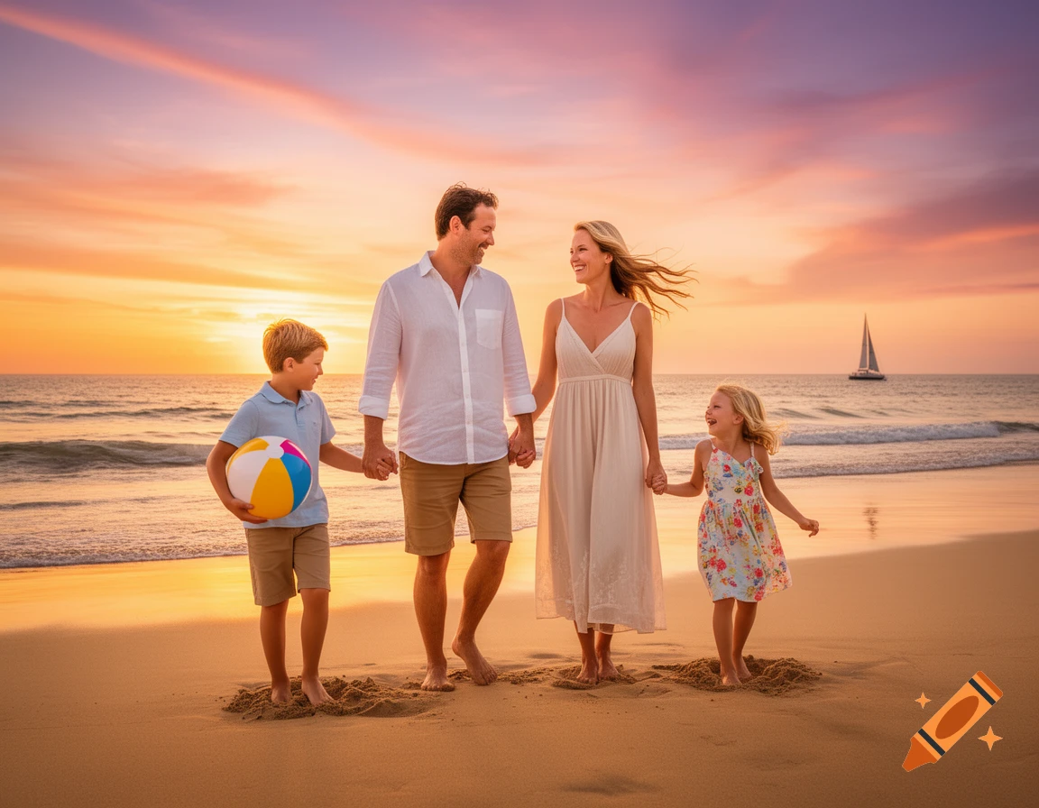 A photorealistic family of four walks hand-in-hand on a beach at sunset, with a sailboat in the distance.
