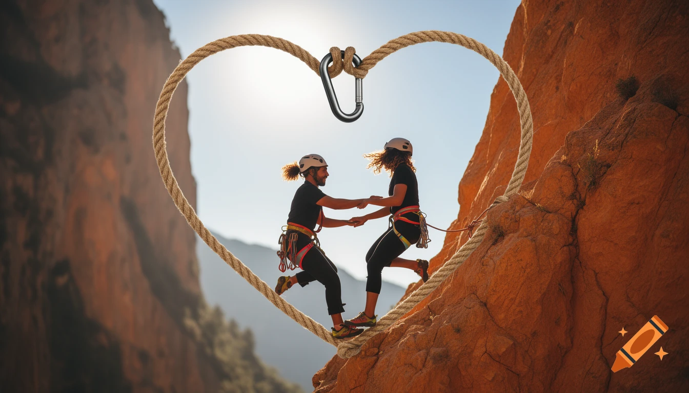 Two climbers in helmets and gear hold hands on a rocky cliff, framed by a heart-shaped rope with a carabiner, under a bright sky.