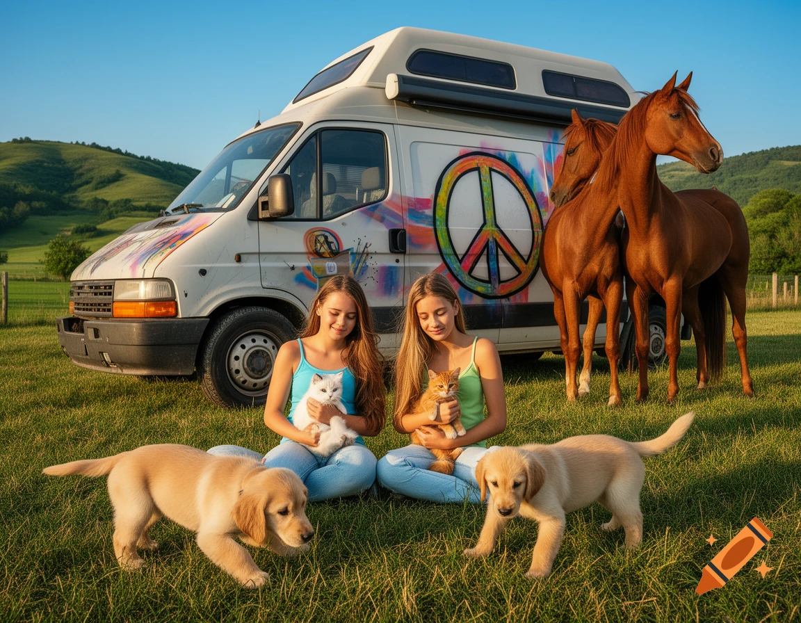 Two girls sit in a grassy field holding cats, with two golden retriever puppies and two horses nearby. A camper van with a large peace sign is behind them.