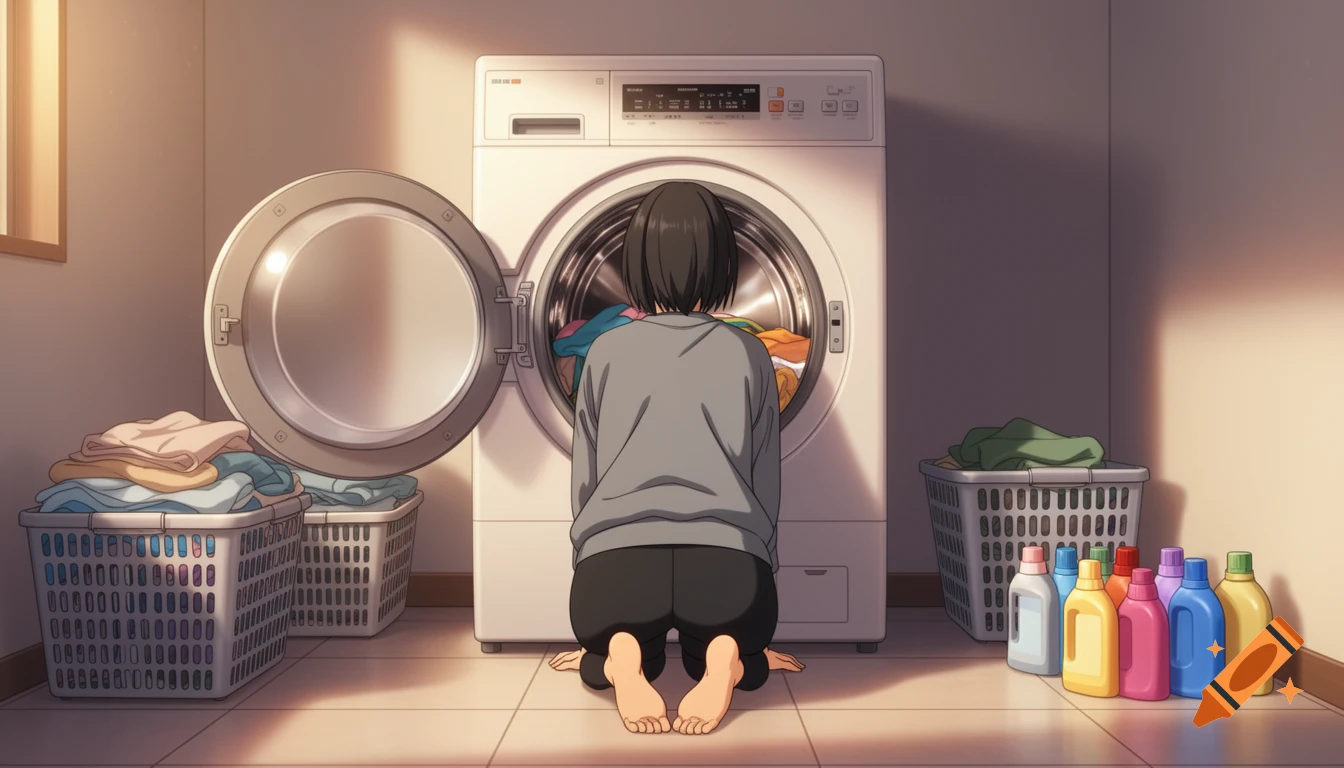 Anime illustration of a woman on her knees loading clothes into a front-loading washing machine in a sunlit laundry room.