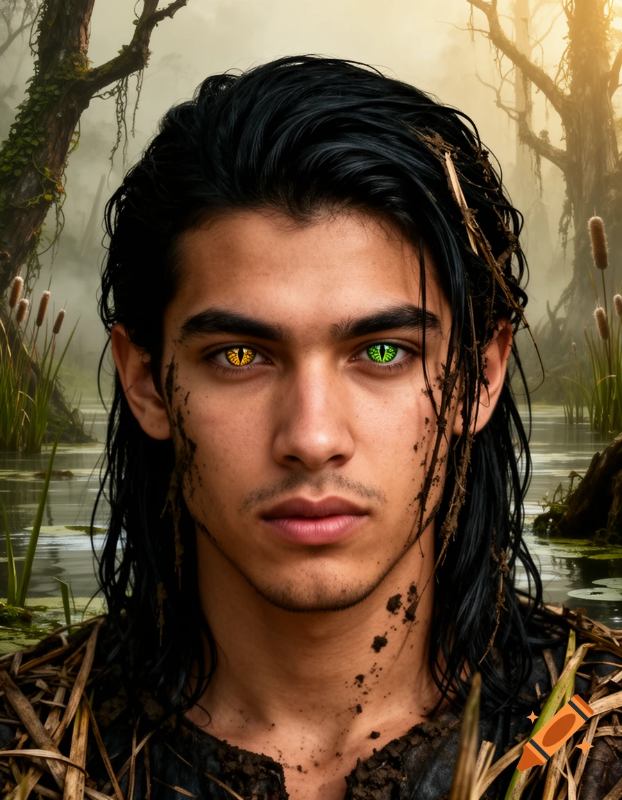 Photorealistic headshot of a muddy young man with long black hair and distinct gold and green reptile-like eyes in a swamp.
