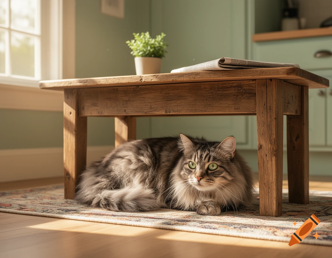 A fluffy tabby cat with green eyes rests on a patterned rug under a wooden table in a sunlit room.
