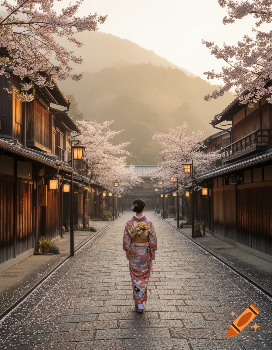 A person in a colorful kimono walks down a cobblestone street lined with traditional Japanese wooden houses and blooming cherry blossom trees at sunrise.