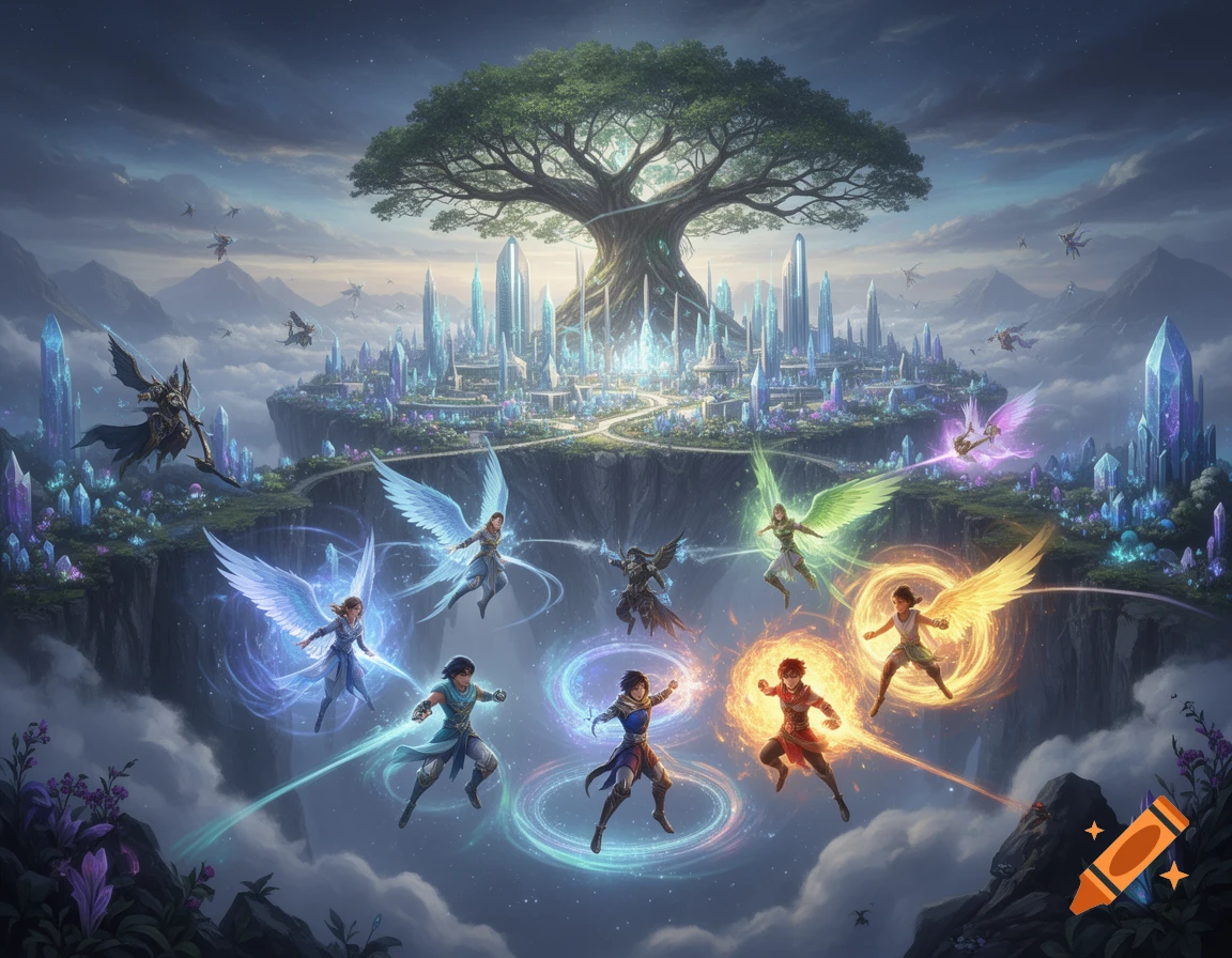 Eight powerful winged characters with glowing magic fly above a vast, floating fantasy city with a giant tree and crystal towers under a starry sky.