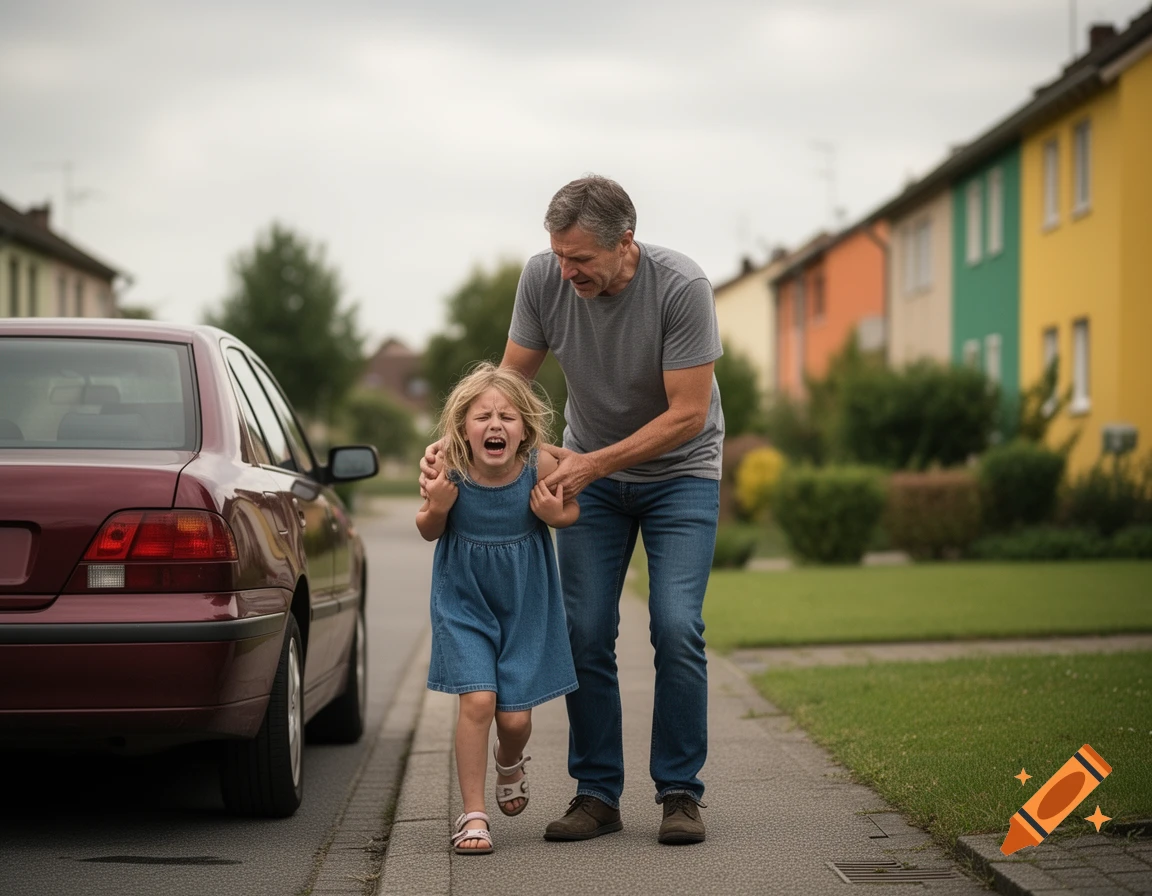 A concerned father helps his crying daughter walk on a sidewalk next to a parked car in a residential area, photorealistic.