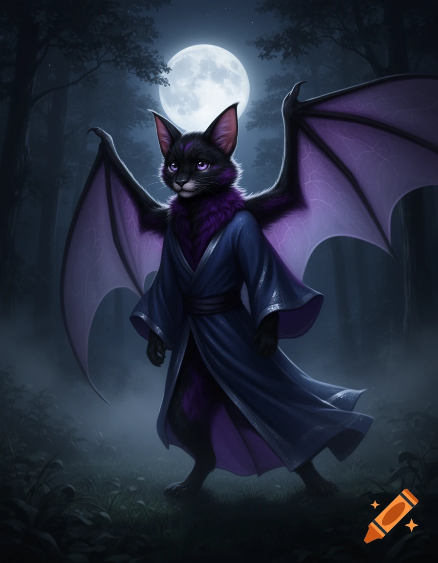 A purple and black bat-cat creature wearing a dark blue robe stands in a dark, misty forest under a full moon.