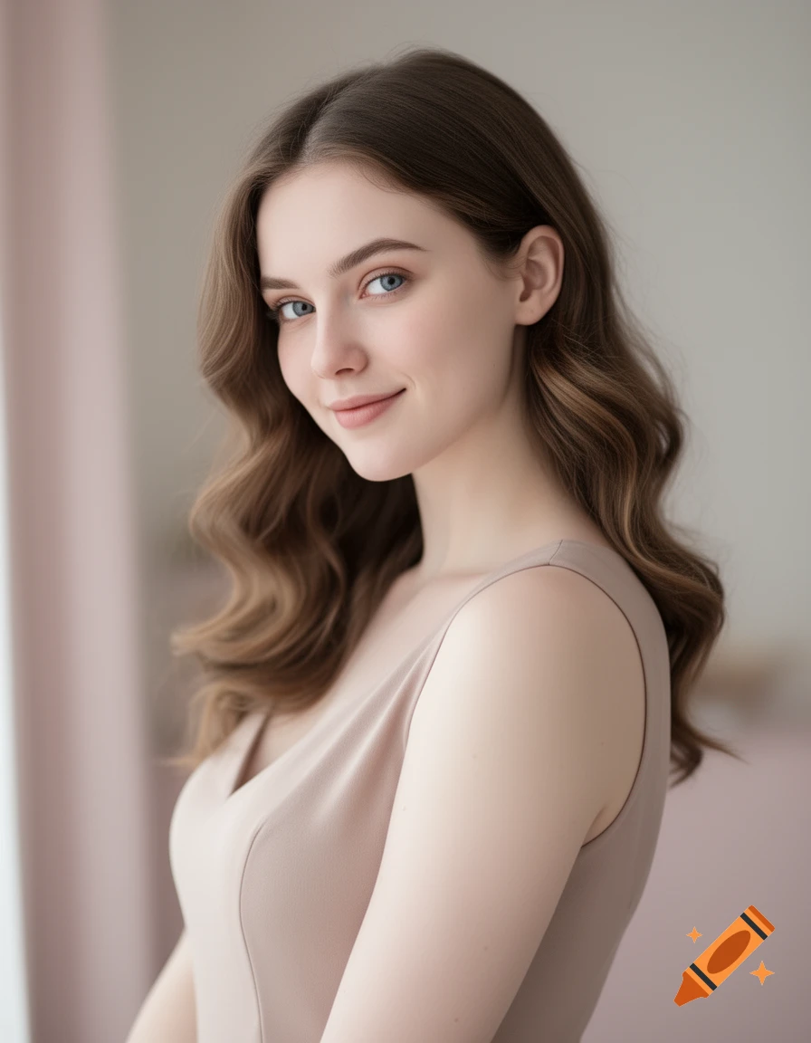 A smiling young woman with long wavy brown hair and blue-gray eyes, wearing a simple beige top, against a soft-focus background.