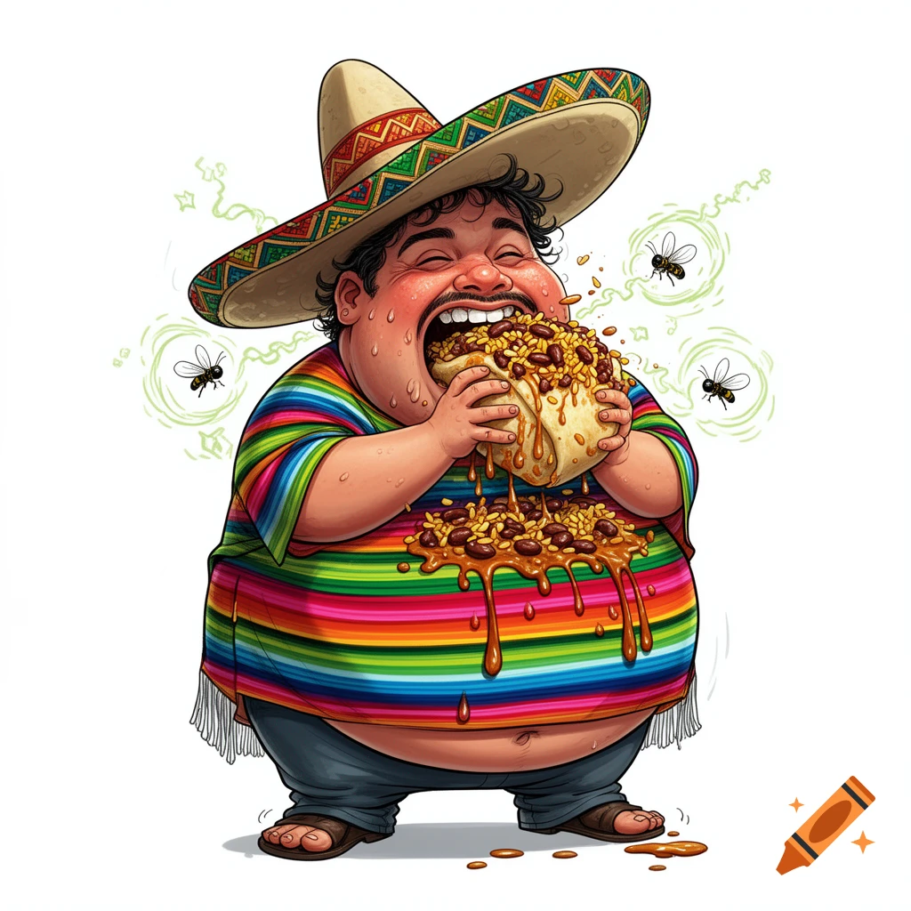 A humorous cartoon of a chubby Mexican man in a sombrero and serape messily eating an overflowing burrito, with flies buzzing around.