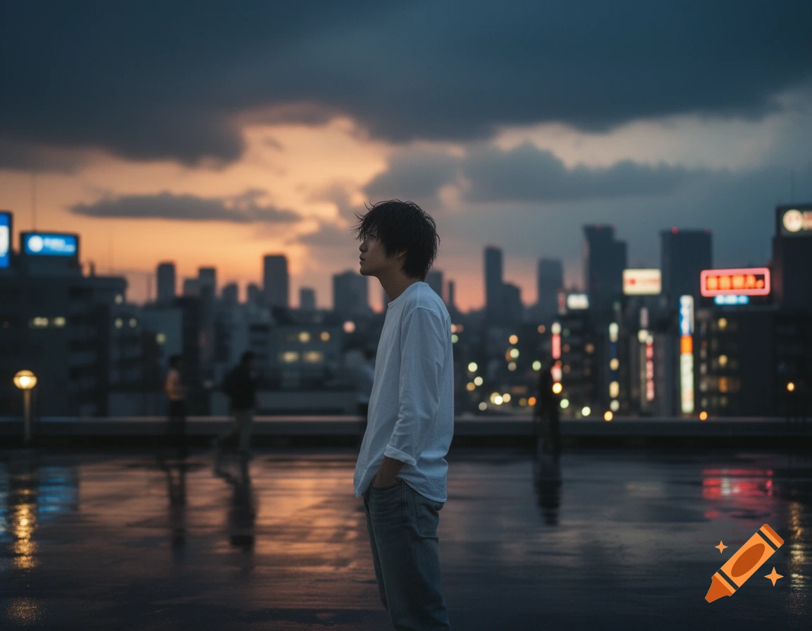 A man stands on a wet rooftop at dusk, looking out over a blurred city skyline with neon lights.