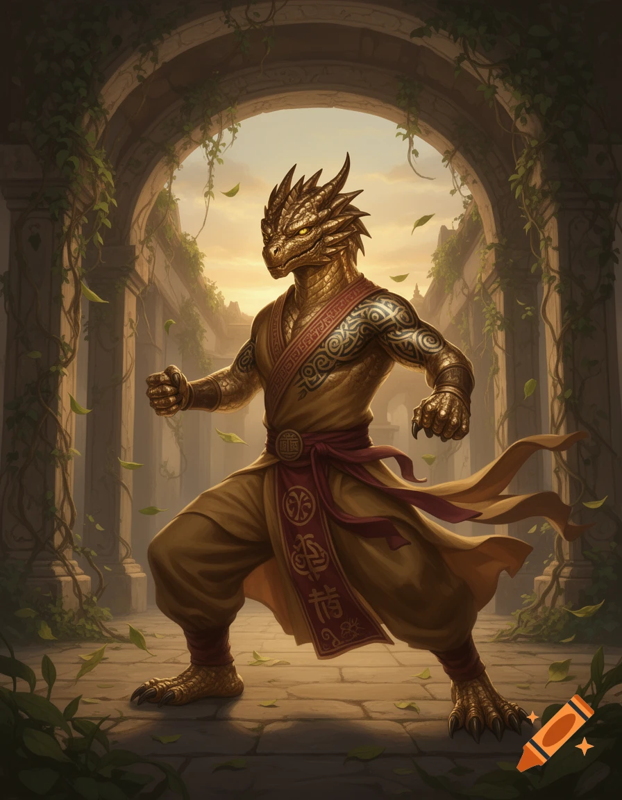 An illustration of a brass dragonborn monk in a martial arts pose within vine-covered ruins at sunset.