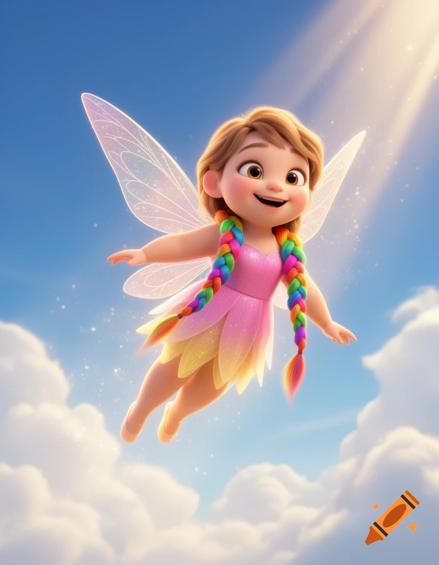 A cute 3D Pixar-style fairy with rainbow braids and glittery wings, smiling and flying in a sunny blue sky with clouds.
