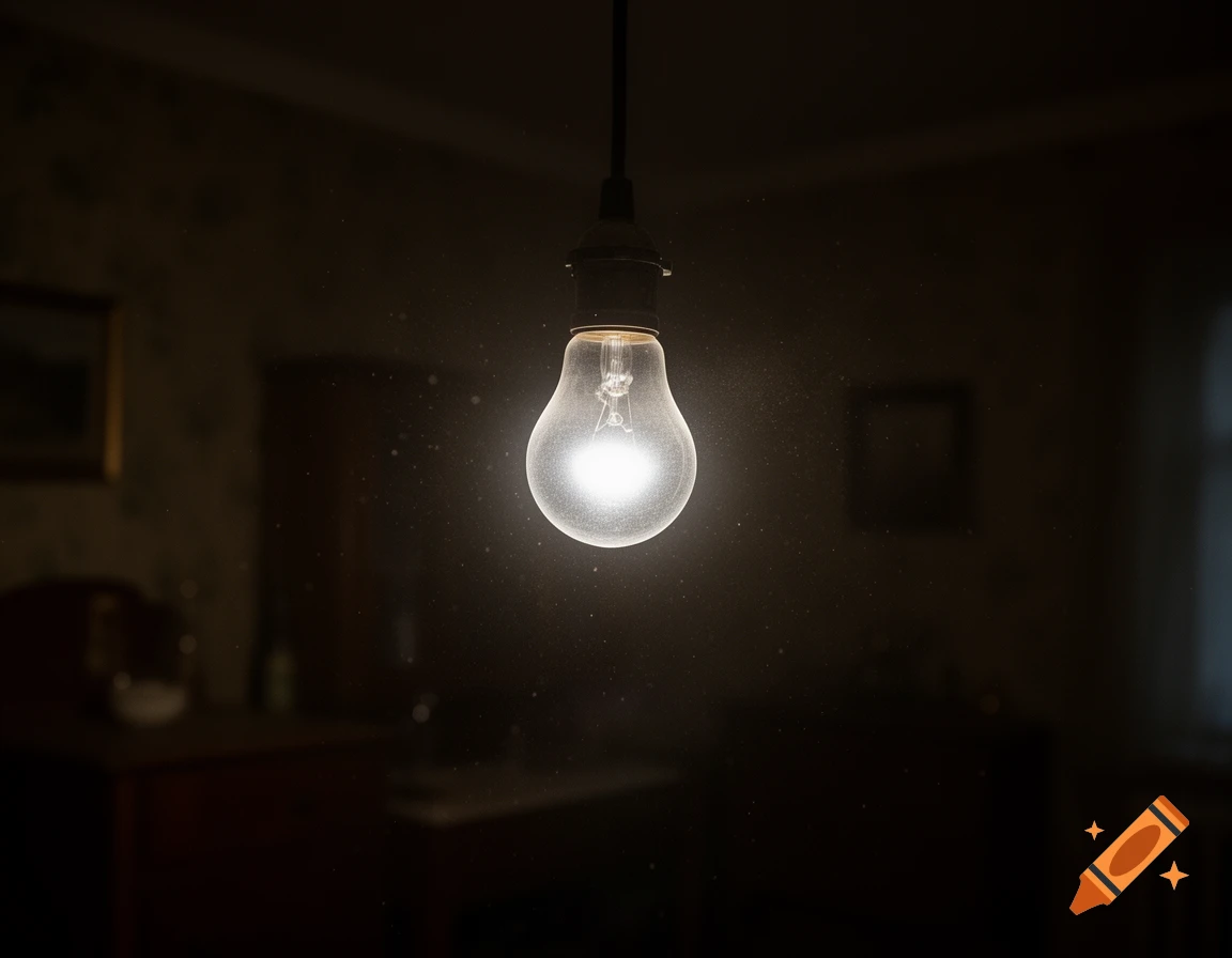 A glowing incandescent lightbulb hangs in a dark, dusty room, casting light on the surrounding gloom.