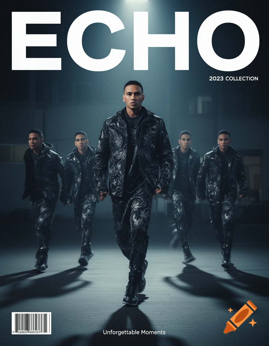 A man in a dark, patterned streetwear outfit leads four duplicates on a magazine cover titled 'ECHO' with dramatic lighting.