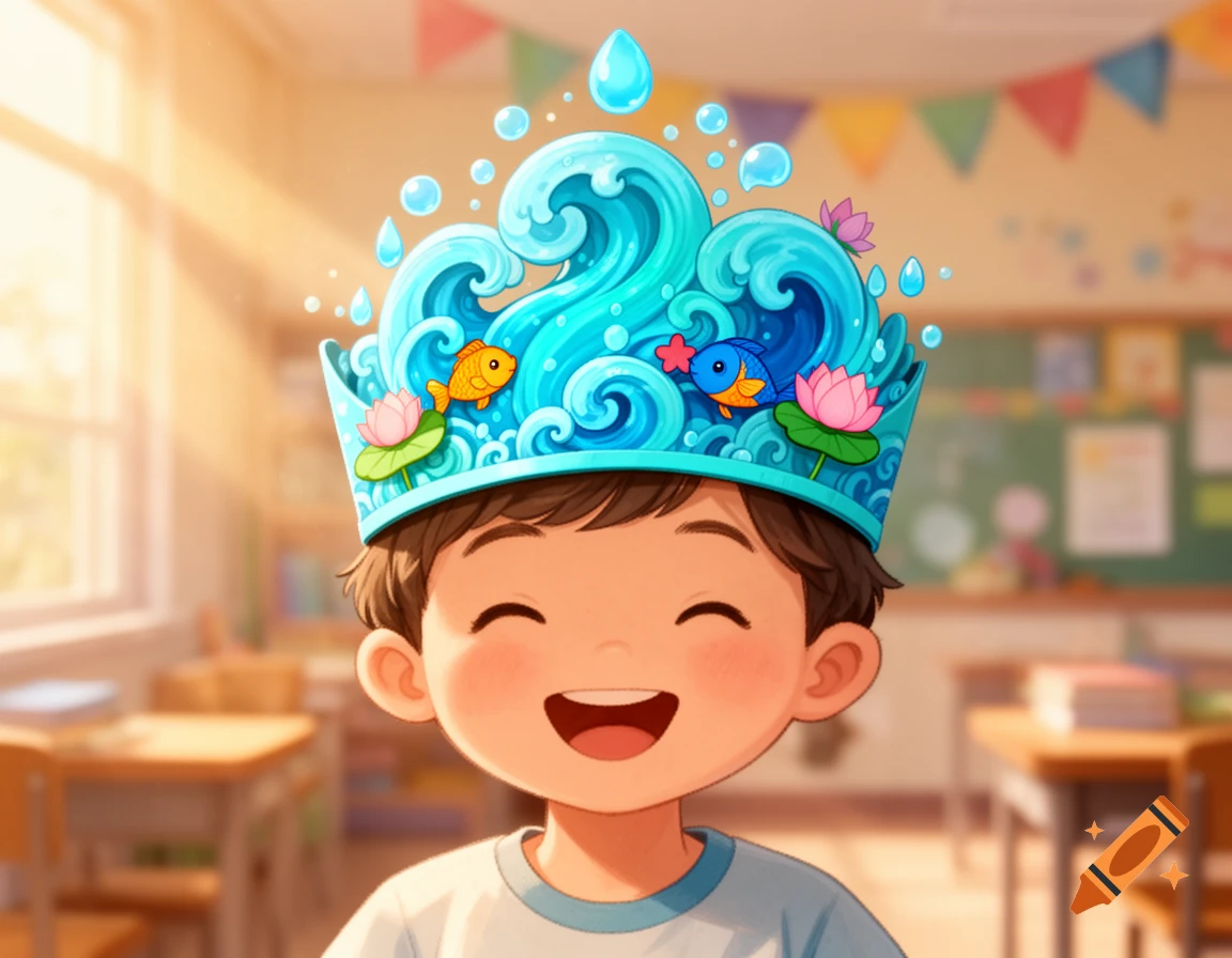 A joyful child wears a whimsical water festival crown with waves, fish, and lotus flowers in a sunny classroom, children's illustration.