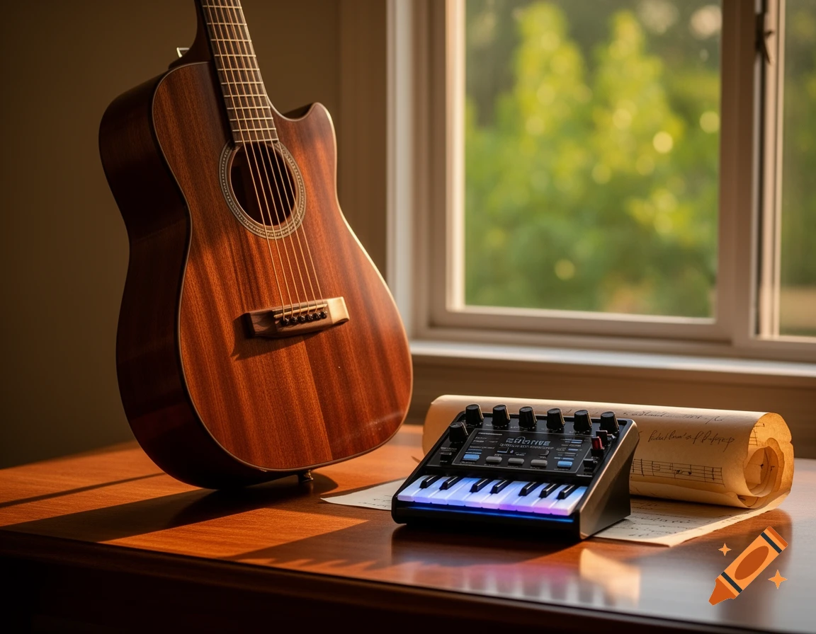 An acoustic guitar, a synthesizer, and rolled sheet music on a wooden table by a window, bathed in sunlight. Photorealistic.