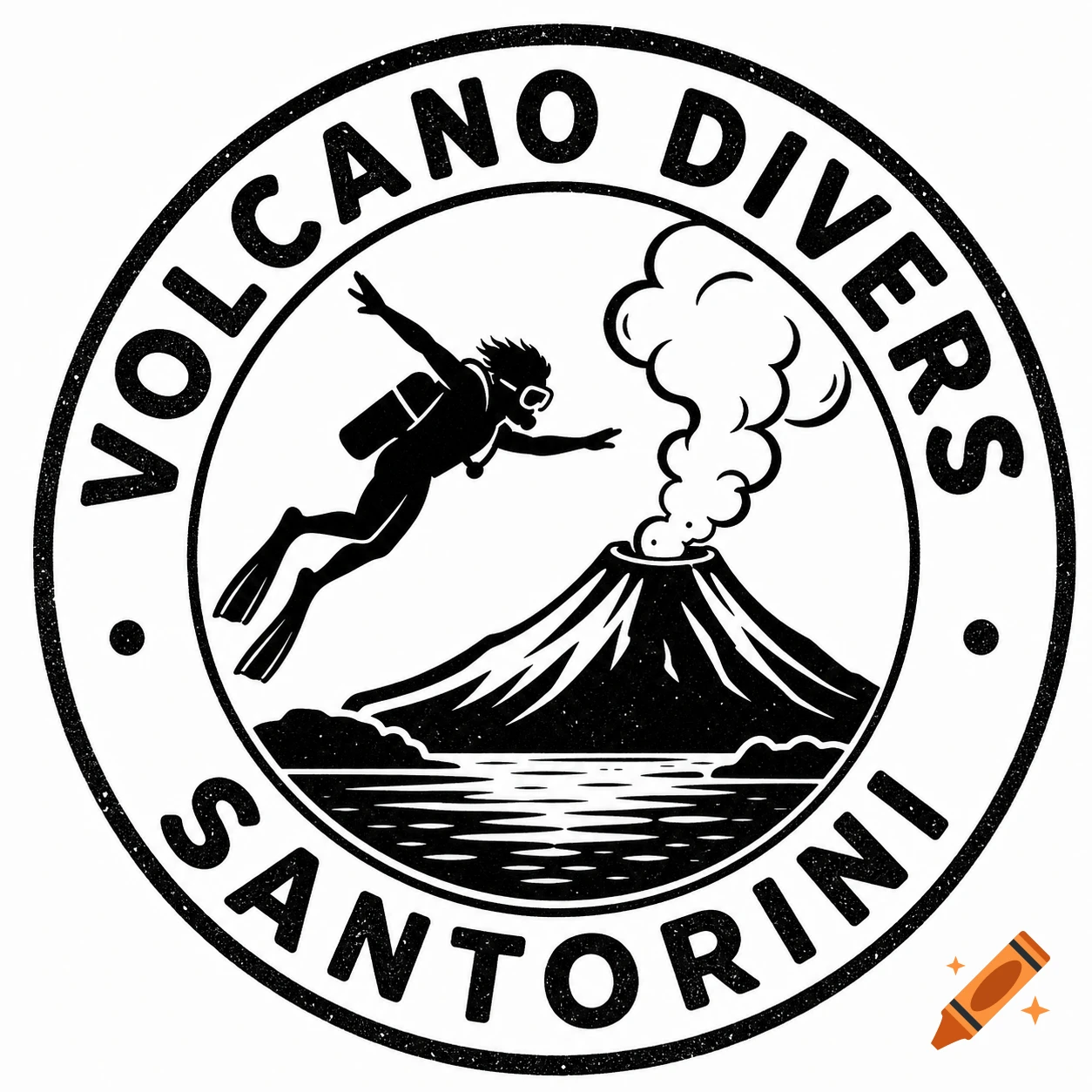 Black and white circular logo for Volcano Divers Santorini, featuring a diver swimming over an erupting volcano above water, in a rubber stamp style.