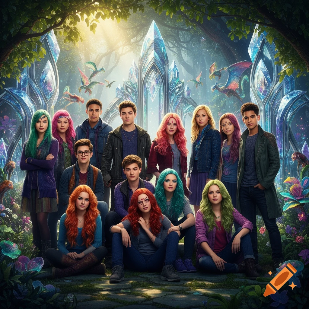 A diverse group of young people with colorful hair pose in a magical forest adorned with glowing crystals and lush, vibrant plants.