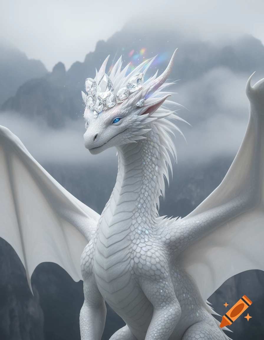 A majestic white dragon with sparkling scales and bright blue eyes, wearing a crown of diamonds, against a foggy mountain backdrop.