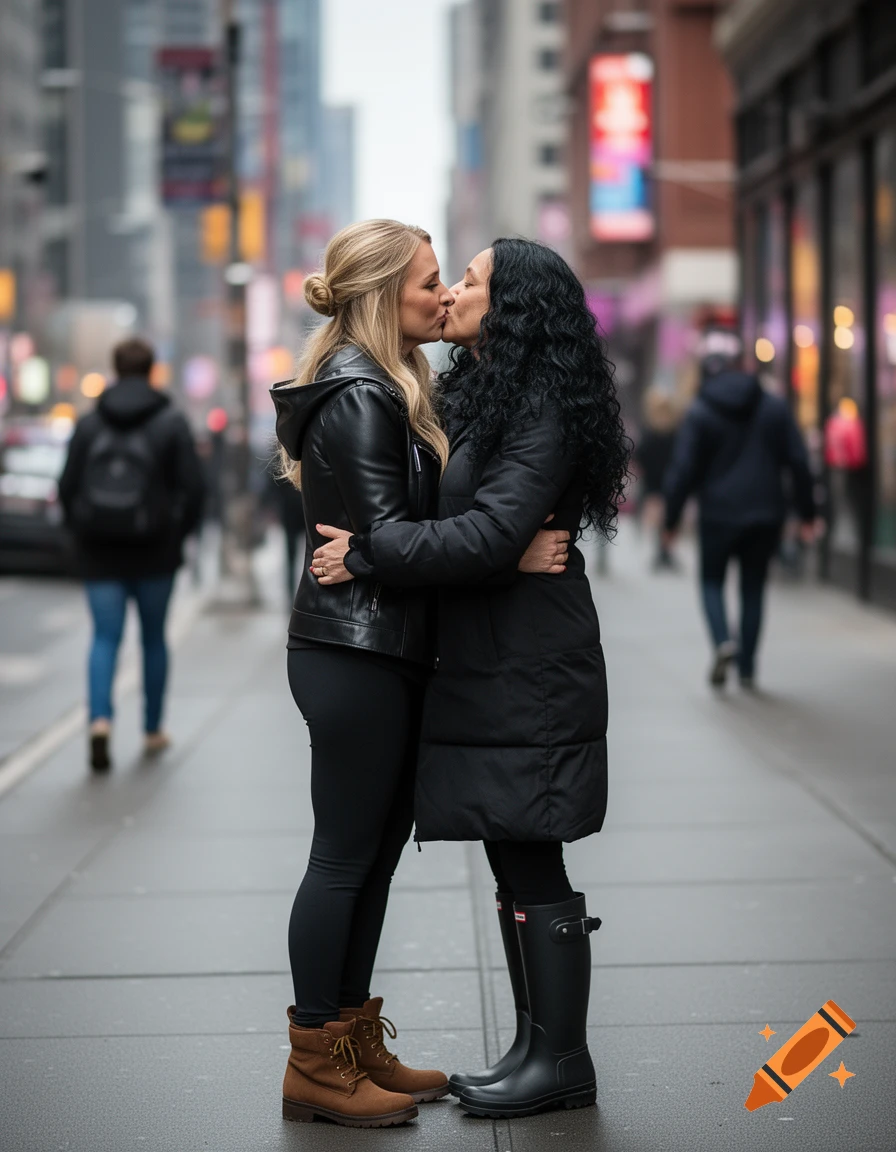 Two women in winter clothing embrace and kiss on a city sidewalk.